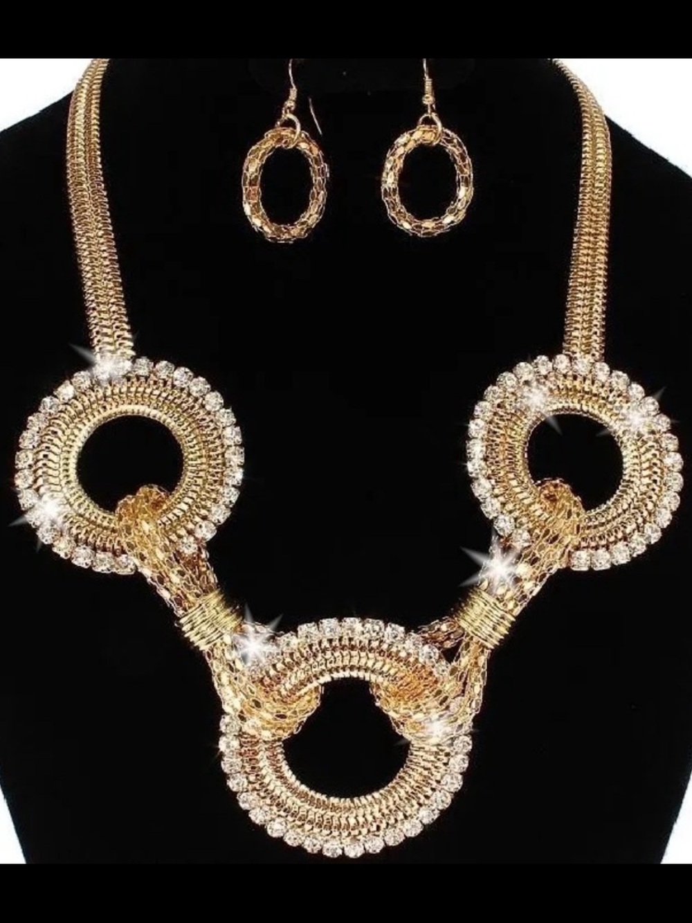 Pave Crystal Circle Mesh Diamond Cut Tennis statement Necklace Earring Set Gold